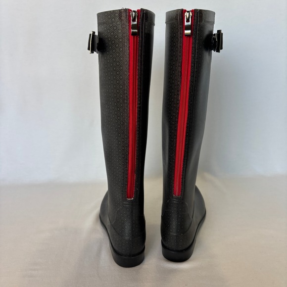Black Micro-Pattern Knee High Rain Boots Red Zipper Women's EU 39 (US 8.5–9) - Picture 8 of 9